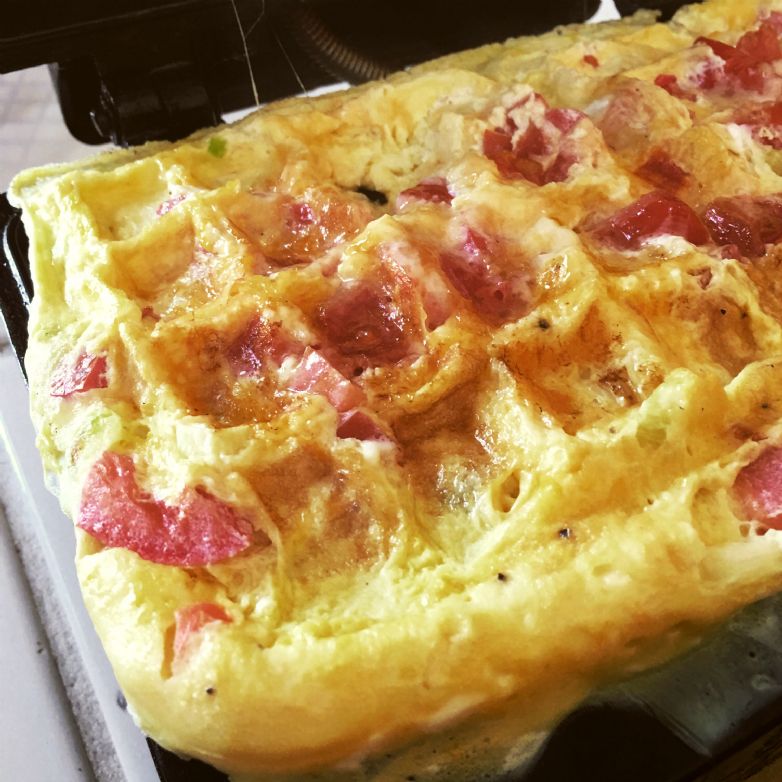 Waffle Iron Tomato and Cheese Omelette