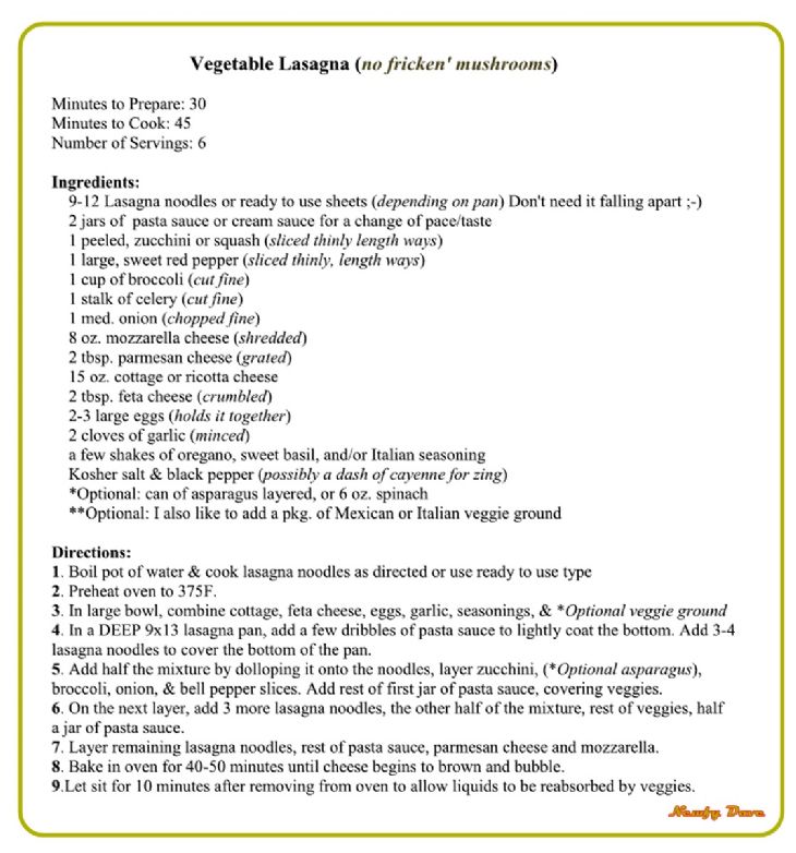 Vegetable Lasagna (no fricken' mushrooms ;-)