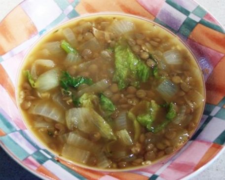 Onion Soup with Lentils, Sausage, and Escarole