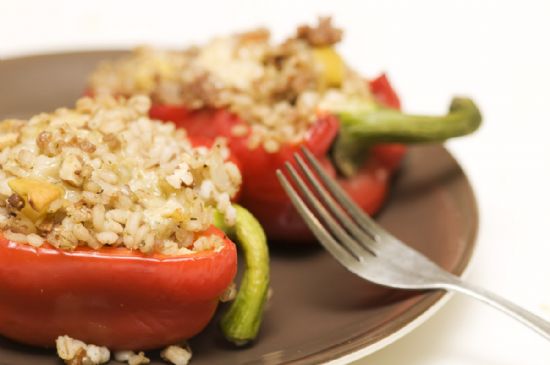 Barley-Stuffed Peppers with Apples, Pecans, and Stilton Cheese