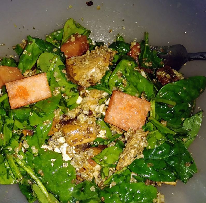 Balsamic chicken spinach watermelon quinoa feta salad