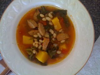 Sausage and White Bean Soup with Greens and Butternut Squash