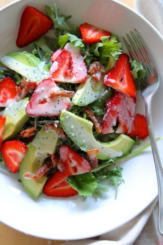 Strawberry Avocado Kale Salad w/ Bacon Poppyseed Dressing