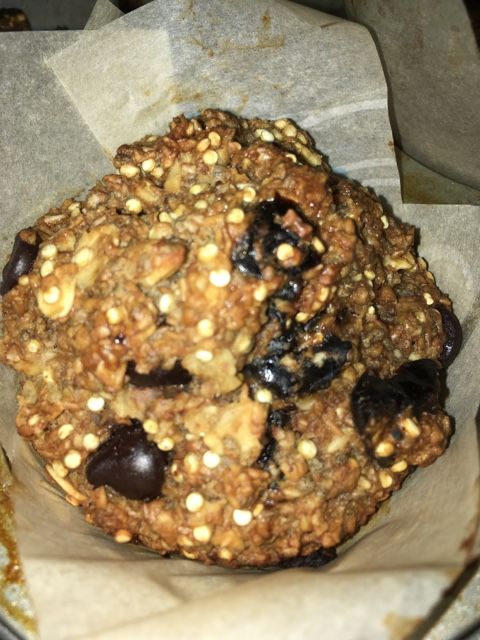 Bran, Oatmeal, Quinoa and chia seed muffins with prunes and dark chocolate