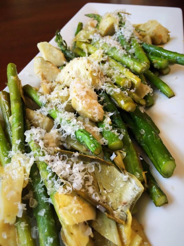 Roasted Asparagus with Artichoke Hearts and Parmesan