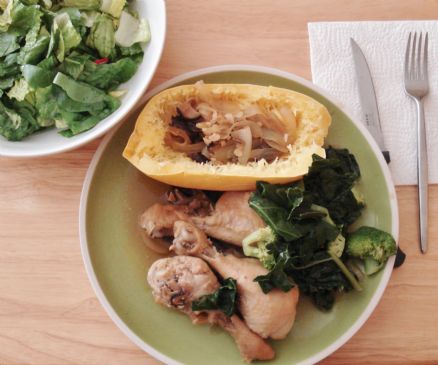 Organic Chicken Legs w/ Mushroom Gravy, Spaghetti Squash and Greens