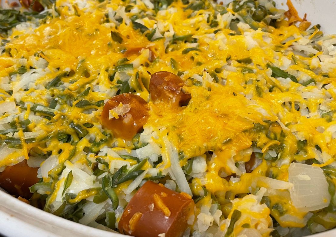 Hash Brown Casserole with green beans and Smart Dogs