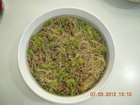 Stir Fry Rice Noodles with Celery and Ground Pork