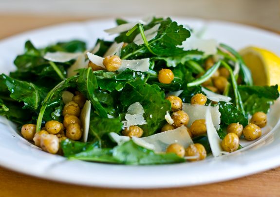 Baby Kale Salad with Lemon, Parmesan and Crispy Roasted Chickpeas