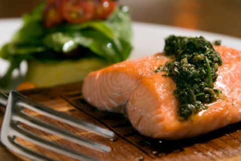 Roasted Salmon with Apple-Almond Pesto