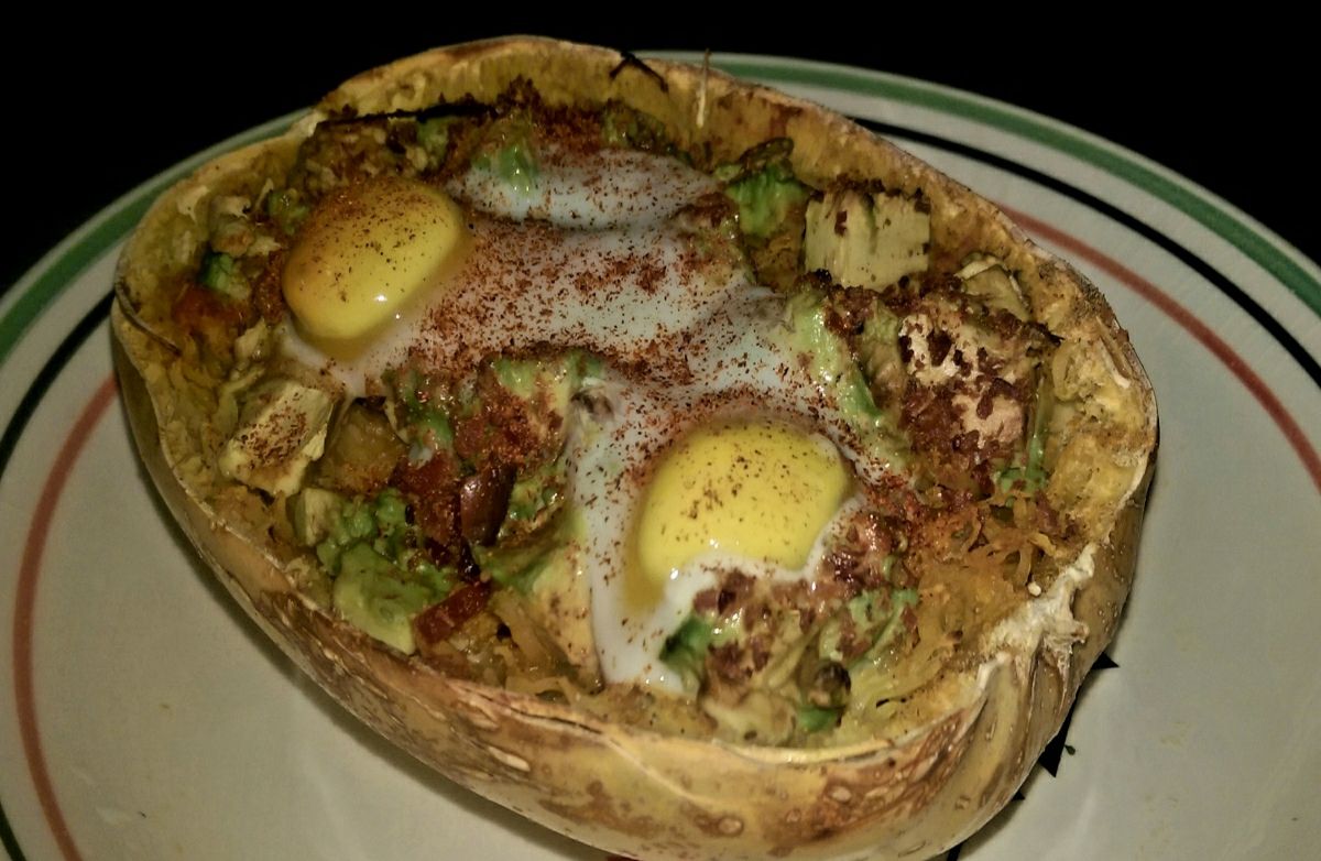 Twice Baked Egg Salsa and Avocado Spaghetti Squash