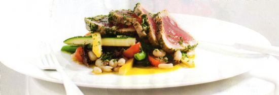 Herb-crusted poached tuna w bean and zucchini salad