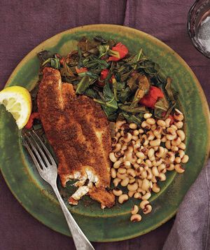 Cajun Tilapia with Black-eyed Peas and Stewed Collards