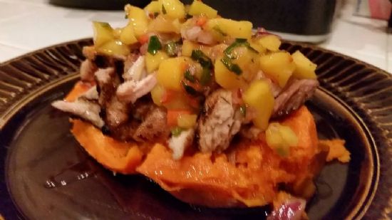 Sweet Potato w/ Jamaican Jerk Chicken and Mango Salsa