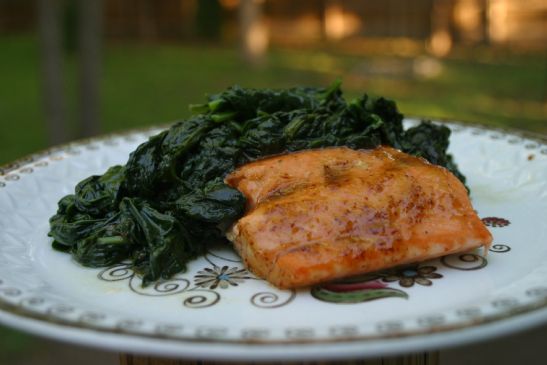 Sweet and Spicy Salmon (Shown with sauteed spinach)