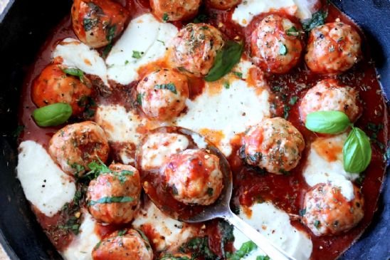 Turkey Meatballs in Spicy Tomato Basil Sauce with Burrata