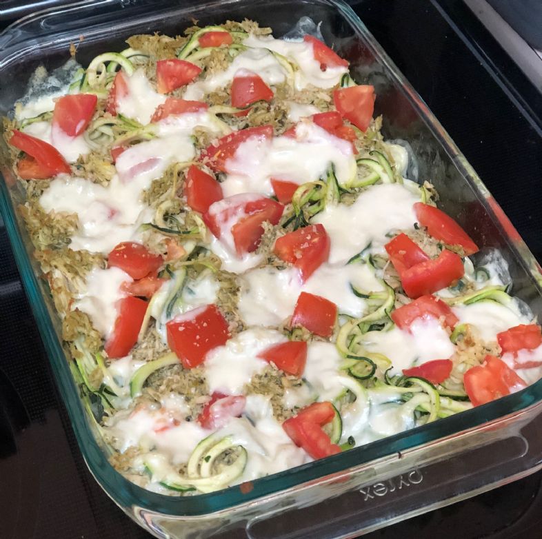 Pesto Chicken Zoodle Mozzarella Bake