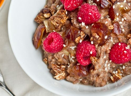Spelt Berry Porridge with Granola, Dates, and Raspberries