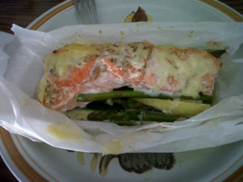 Spring Veggies w Salmon in Parchment