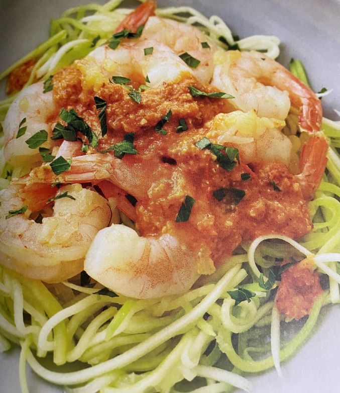 Romesco Garlic Shrimp Zucchini Noodles