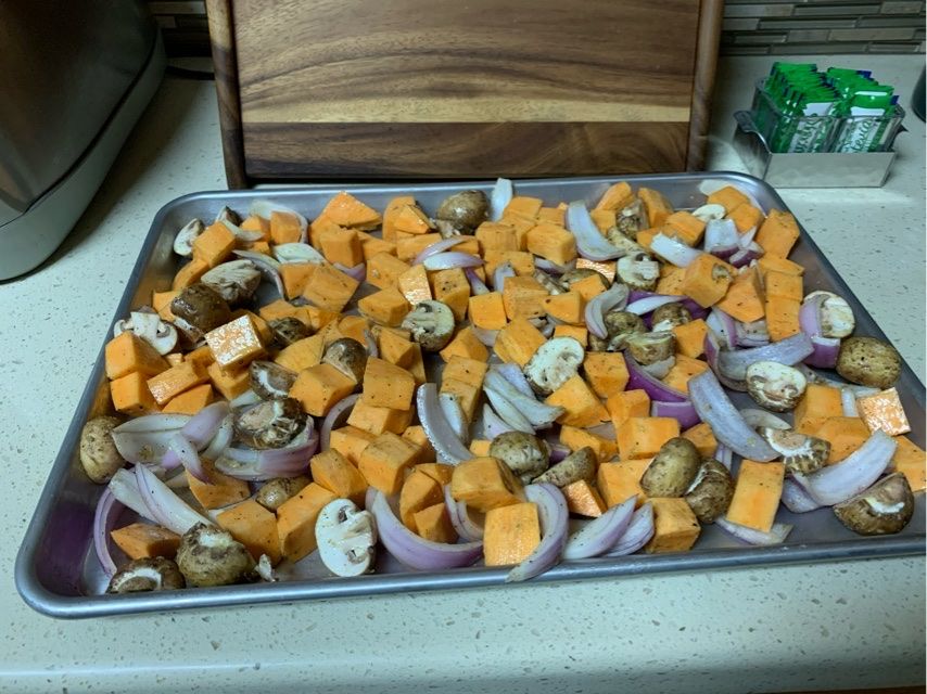 Roasted Sweet Potatoes, mushroom and onion