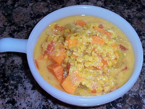 Pink lentil soup with sweet potato