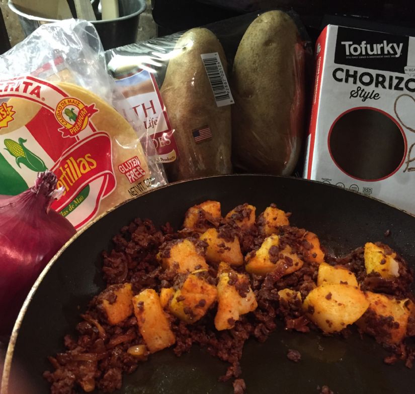 Tofurkey chorizo and potato tacos