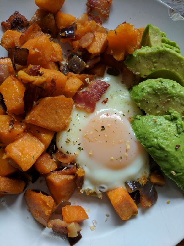 Smoky Bacon Sweet Potato Hash and Eggs