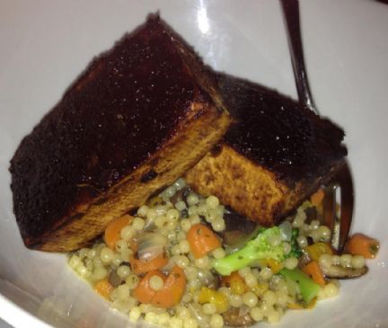 Balsamic and Mustard Glazed Tofu with Israeli Couscous and Vegetable Pilaf