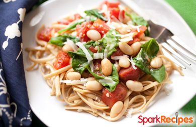 White Beans, Spinach and Tomatoes over Linguine