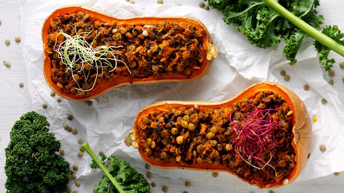 Lentil and feta stuffed butternut squash