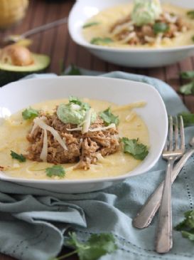 SLOW COOKER BALSAMIC PULLED PORK WITH POLENTA AND AVOCADO CREAM