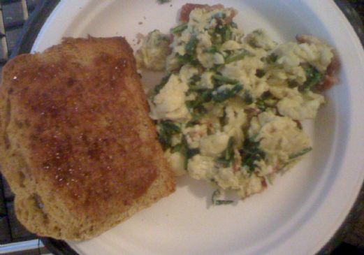 Scrambled Eggs w/ Radish greens and bacon