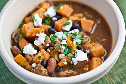 Sweet Potato- Black Bean Chili w/ Goat Cheese