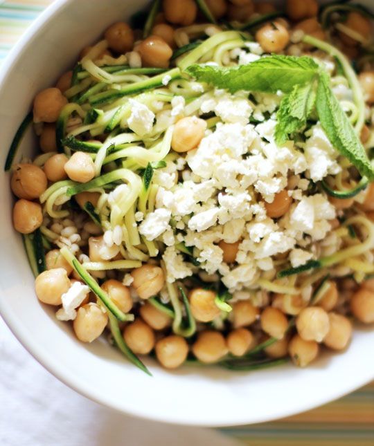 Chickpea, Barley and Zucchini Ribbon Salad with Mint and Feta