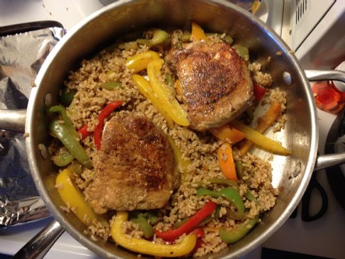 Caribbean Pork Chops with Glazed Bell Peppers and Rice