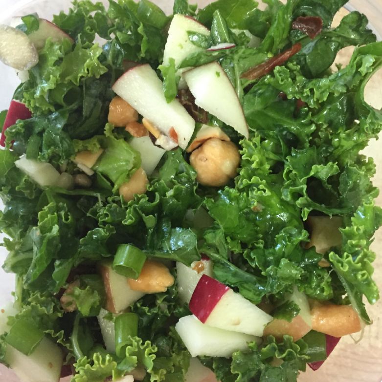 Kale Apple Salad with trail mix, cashews and Maple Dressing