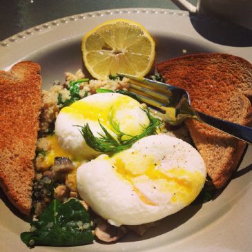 Poached Eggs with Salmon, Quinoa, Mushroom and Spinach