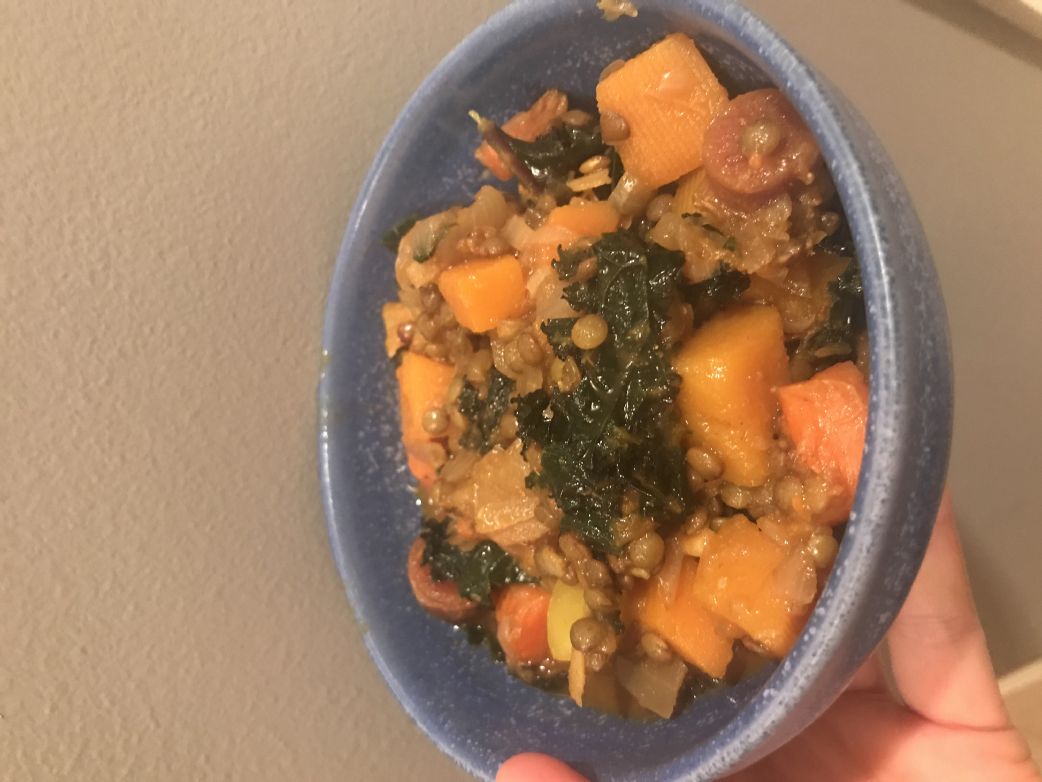 Curried butternut squash, apple and kale stew