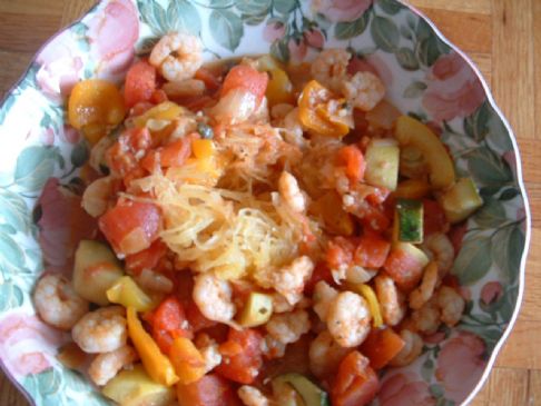 Roasted Spaghetti Squash with Veggie Tomato Sauce and Shrimp